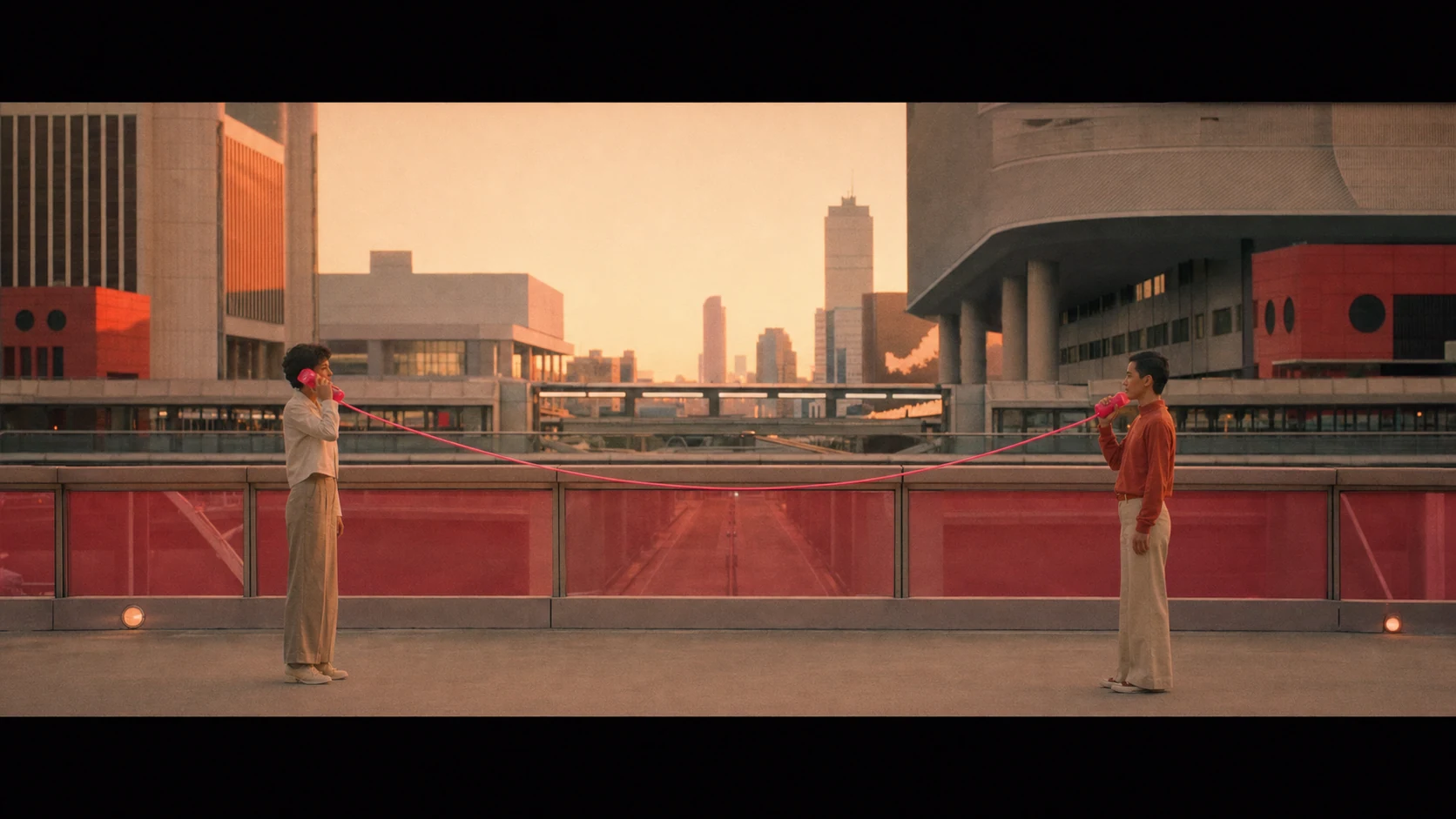 복고풍 미래 도시의 다리 위에서 서로에게 직접 신호를 보내는 두 사람