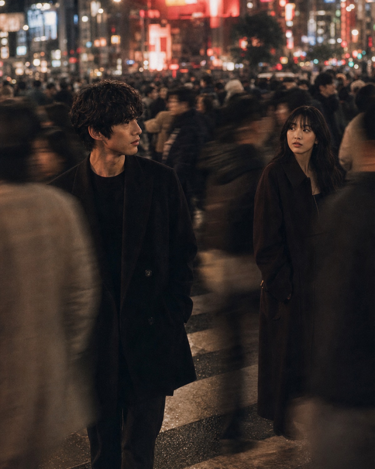 복잡한 밤거리의 군중 사이에서 우연히 서로를 바라보는 두 사람